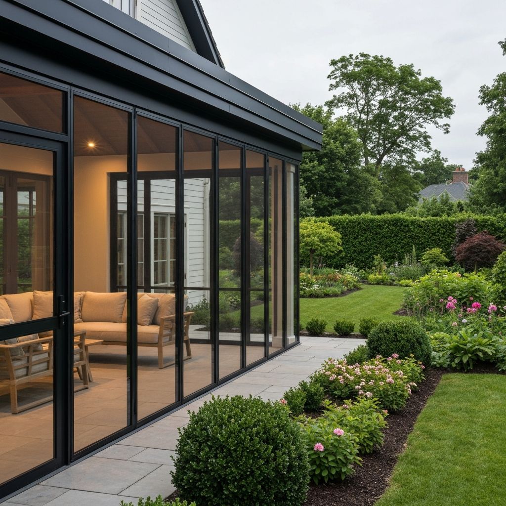 Completed modern screened porch with black aluminum frame