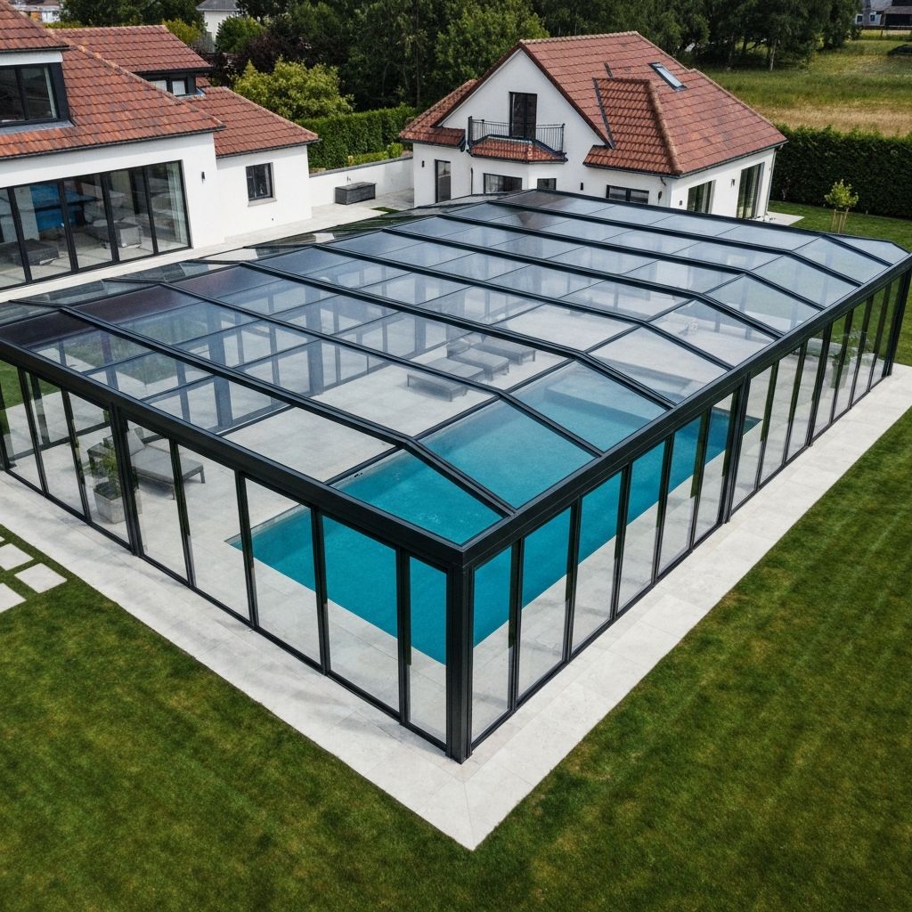 Large pool enclosure with modern black frame