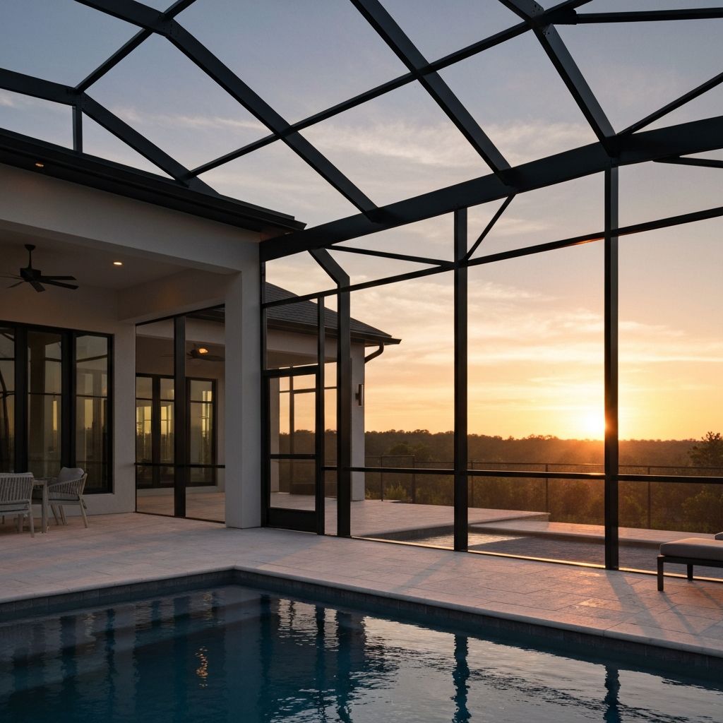 Modern black aluminum screened porch exterior