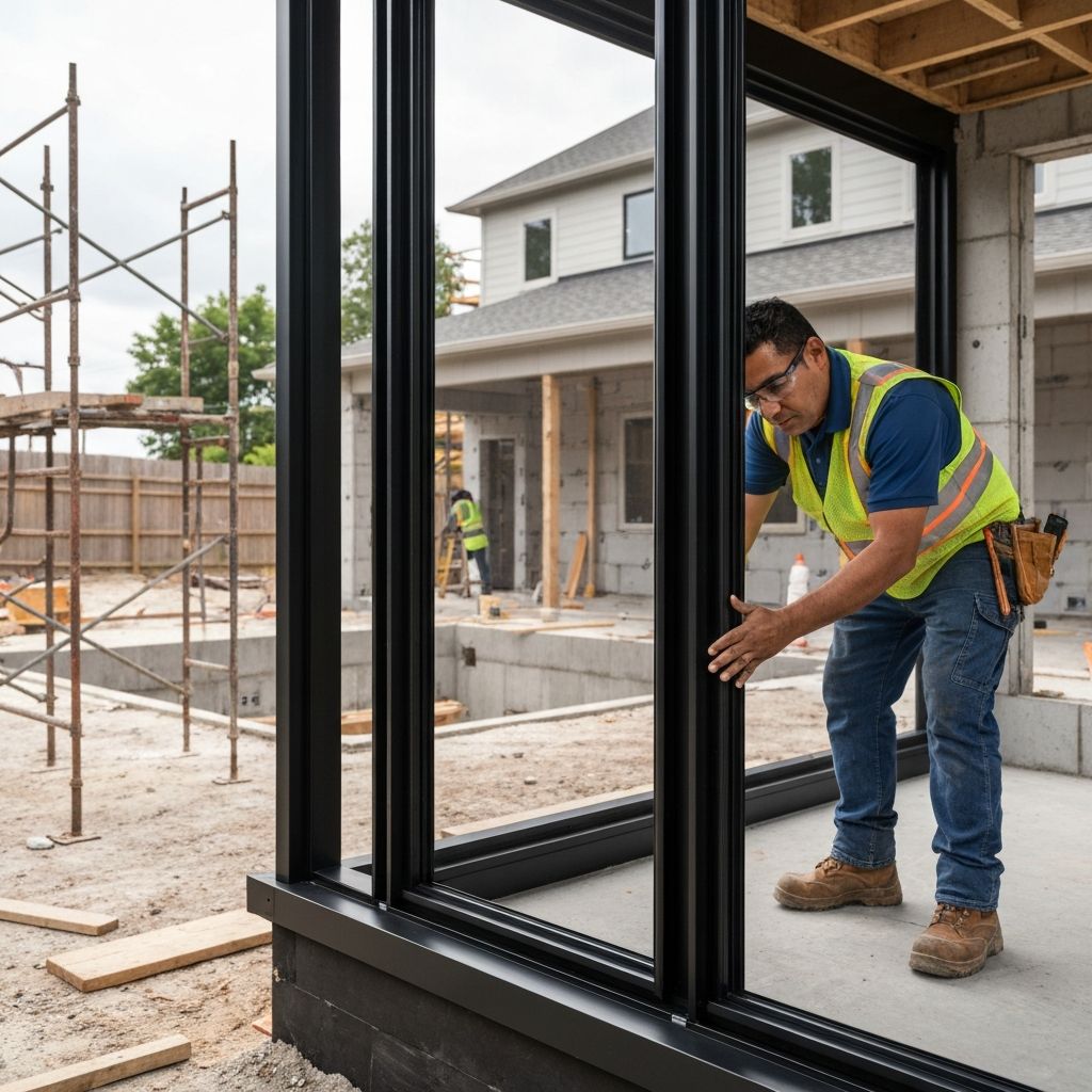 Contractor installing modern black aluminum system